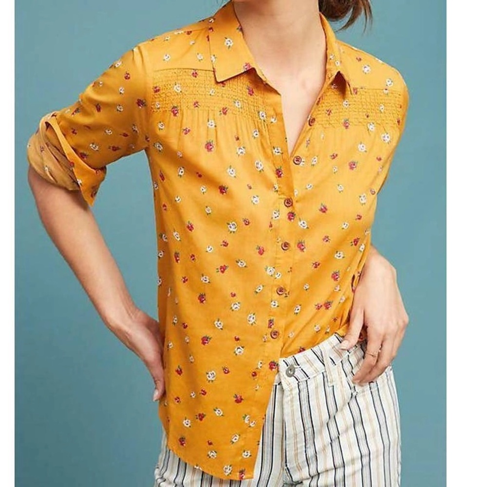 Anthropologie Floral Maeve Shirt Yellow Phyllis Long Sleeve Button Closure